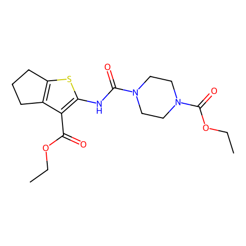 ethyl 4-[(3-ethoxycarbonyl-5,6-dihydro-4H-cyclopenta[b]thiophen-2-yl)carbamoyl]piperazine-1-carboxylate structure