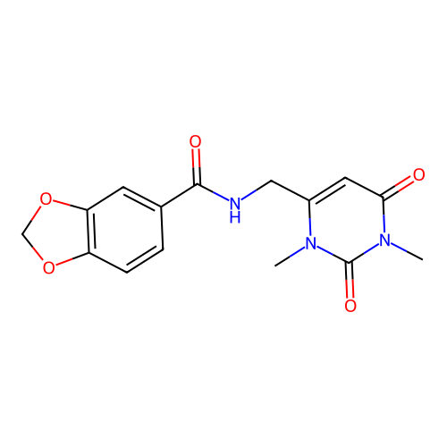 N-((1,3-dimethyl-2,6-dioxo-1,2,3,6-tetrahydropyrimidin-4-yl)methyl)benzo[d][1,3]dioxole-5-carboxamide structure
