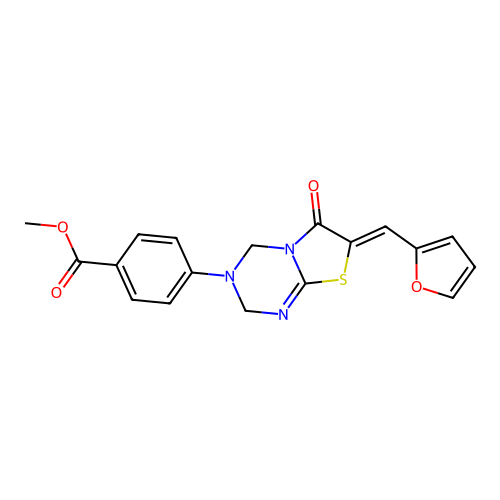 (Z)-methyl 4-(7-(furan-2-ylmethylene)-6-oxo-6,7-dihydro-2H-thiazolo[3,2-a][1,3,5]triazin-3(4H)-yl)benzoate structure