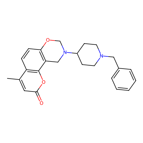 9-(1-benzylpiperidin-4-yl)-4-methyl-9,10-dihydrochromeno[8,7-e][1,3]oxazin-2(8H)-one structure