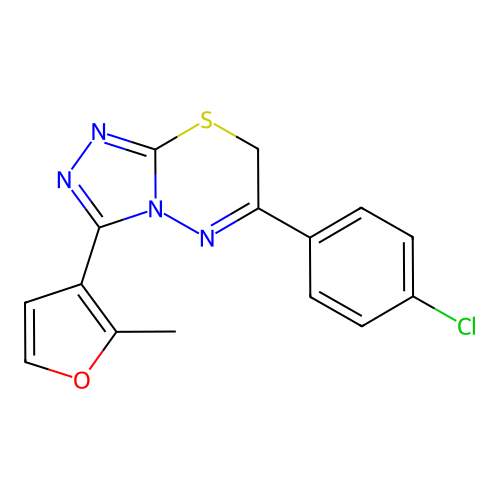 6-(4-chlorophenyl)-3-(2-methylfuran-3-yl)-7H-[1,2,4]triazolo[3,4-b][1,3,4]thiadiazine structure