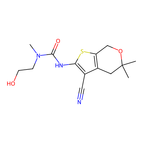 3-(3-cyano-5,5-dimethyl-4,7-dihydro-5H-thieno[2,3-c]pyran-2-yl)-1-(2-hydroxyethyl)-1-methylurea structure