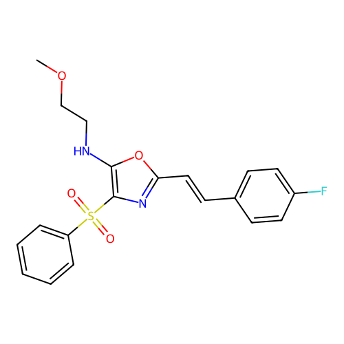 (E)-2-(4-fluorostyryl)-N-(2-methoxyethyl)-4-(phenylsulfonyl)oxazol-5-amine structure