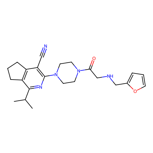 3-(4-(2-((furan-2-ylmethyl)amino)acetyl)piperazin-1-yl)-1-isopropyl-6,7-dihydro-5H-cyclopenta[c]pyridine-4-carbonitrile structure
