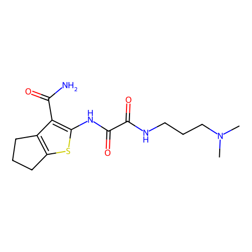 N-(2-carbamoyl-4-thiabicyclo[3.3.0]octa-2,9-dien-3-yl)-N'-(3-dimethylaminopropyl)oxamide structure