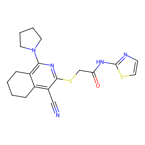 2-((4-cyano-1-(pyrrolidin-1-yl)-5,6,7,8-tetrahydroisoquinolin-3-yl)thio)-N-(thiazol-2-yl)acetamide structure