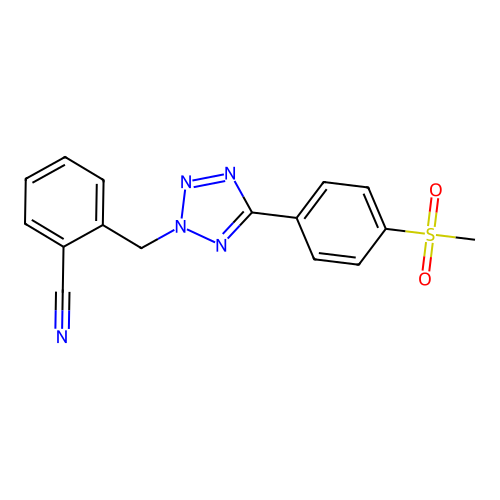 2-((5-(4-(methylsulfonyl)phenyl)-2H-tetrazol-2-yl)methyl)benzonitrile structure