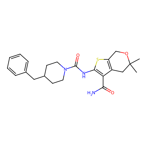 4-benzyl-N-(3-carbamoyl-5,5-dimethyl-4,7-dihydrothieno[2,3-c]pyran-2-yl)piperidine-1-carboxamide structure