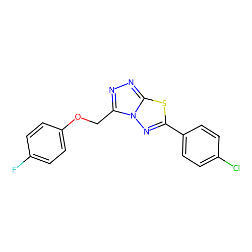 6-(4-chlorophenyl)-3-[(4-fluorophenoxy)methyl]-[1,2,4]triazolo[3,4-b][1,3,4]thiadiazole structure