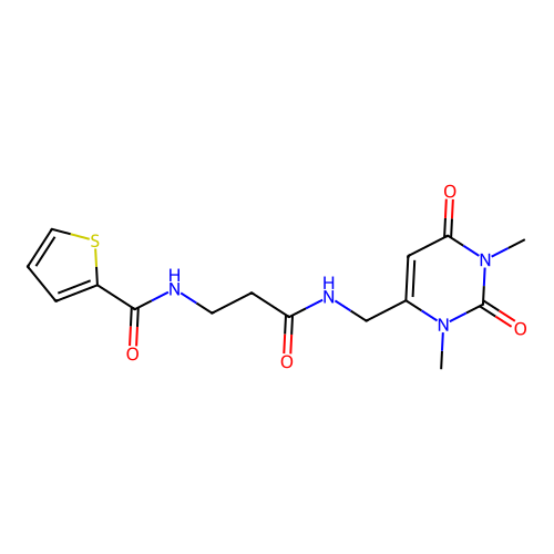 N-(3-(((1,3-dimethyl-2,6-dioxo-1,2,3,6-tetrahydropyrimidin-4-yl)methyl)amino)-3-oxopropyl)thiophene-2-carboxamide structure