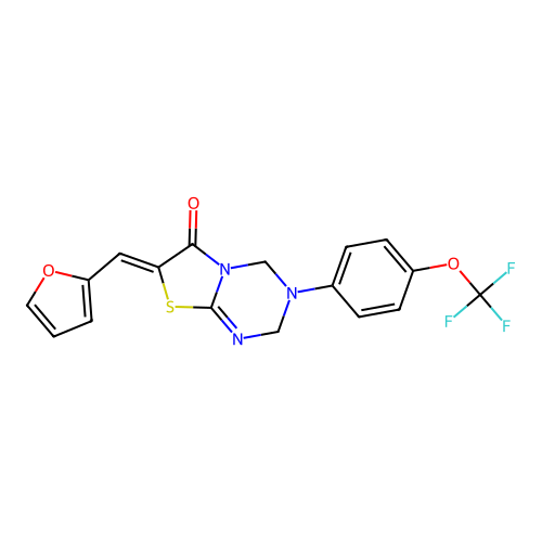 (7Z)-7-(furan-2-ylmethylidene)-3-[4-(trifluoromethoxy)phenyl]-2,4-dihydro-[1,3]thiazolo[3,2-a][1,3,5]triazin-6-one structure