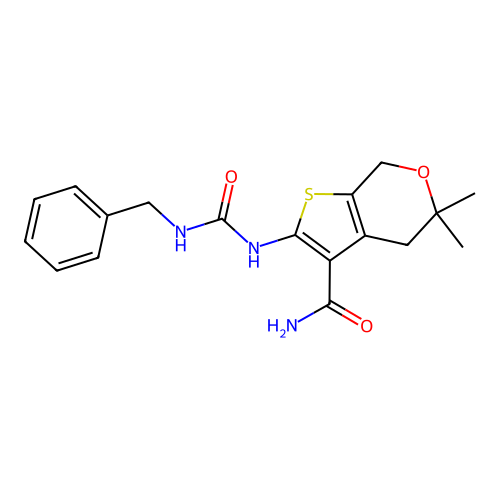 2-(3-benzylureido)-5,5-dimethyl-5,7-dihydro-4H-thieno[2,3-c]pyran-3-carboxamide structure