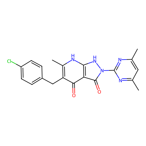 5-(4-chlorobenzyl)-2-(4,6-dimethylpyrimidin-2-yl)-6-methyl-1H-pyrazolo[3,4-b]pyridine-3,4(2H,7H)-dione structure