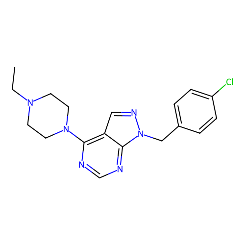 1-(4-chlorobenzyl)-4-(4-ethylpiperazin-1-yl)-1H-pyrazolo[3,4-d]pyrimidine structure
