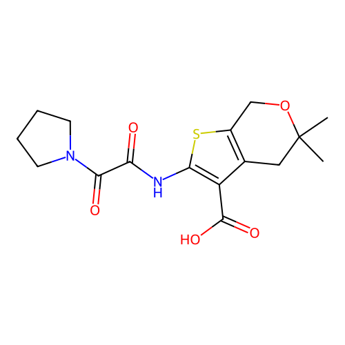 5,5-dimethyl-2-[(2-oxo-2-pyrrolidin-1-ylacetyl)amino]-4,7-dihydrothieno[2,3-c]pyran-3-carboxylic acid structure