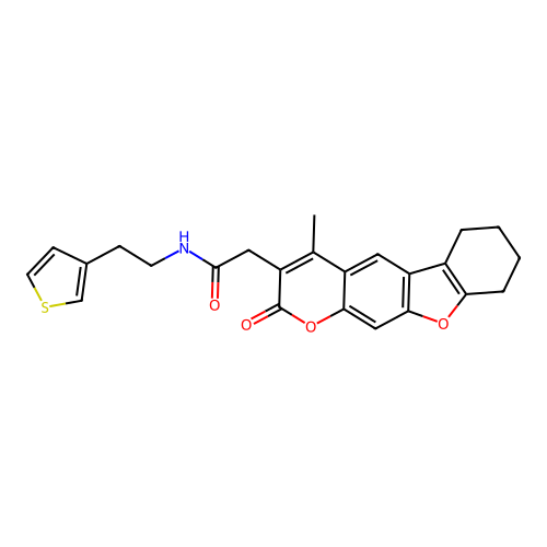 2-(4-methyl-2-oxo-6,7,8,9-tetrahydro-2H-benzofuro[3,2-g]chromen-3-yl)-N-(2-(thiophen-3-yl)ethyl)acetamide structure