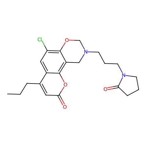 6-chloro-9-(3-(2-oxopyrrolidin-1-yl)propyl)-4-propyl-9,10-dihydrochromeno[8,7-e][1,3]oxazin-2(8H)-one structure