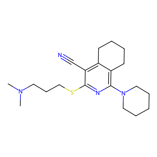 3-((3-(dimethylamino)propyl)thio)-1-(piperidin-1-yl)-5,6,7,8-tetrahydroisoquinoline-4-carbonitrile structure