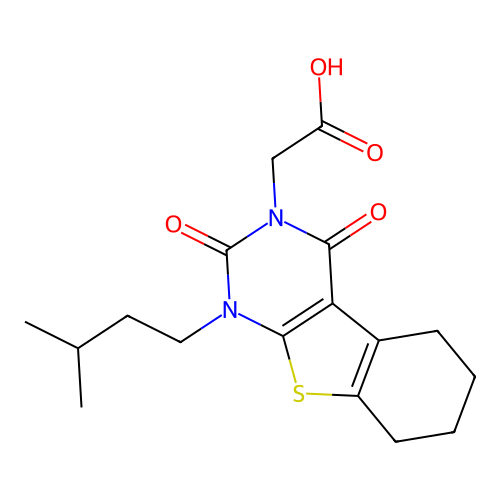 2-(1-isopentyl-2,4-dioxo-1,2,5,6,7,8-hexahydrobenzo[4,5]thieno[2,3-d]pyrimidin-3(4H)-yl)acetic acid structure