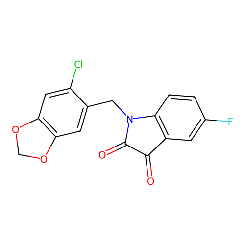 1-[(6-chloro-1,3-benzodioxol-5-yl)methyl]-5-fluoro-1H-indole-2,3-dione structure