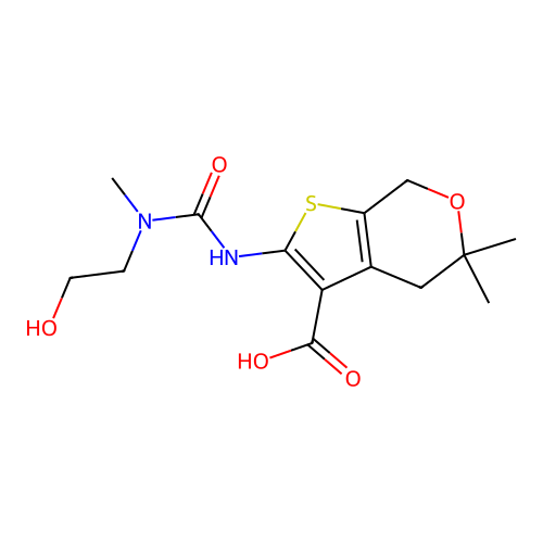 2-(3-(2-hydroxyethyl)-3-methylureido)-5,5-dimethyl-5,7-dihydro-4H-thieno[2,3-c]pyran-3-carboxylic acid structure