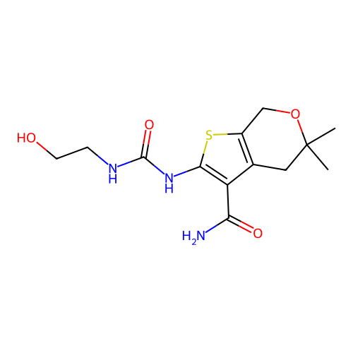 2-(2-hydroxyethylcarbamoylamino)-5,5-dimethyl-4,7-dihydrothieno[2,3-c]pyran-3-carboxamide structure