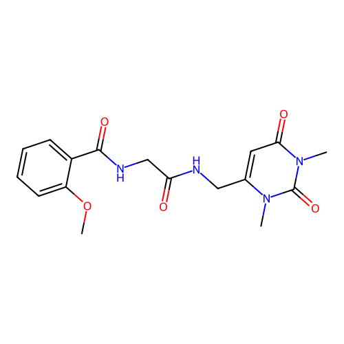 N-(2-(((1,3-dimethyl-2,6-dioxo-1,2,3,6-tetrahydropyrimidin-4-yl)methyl)amino)-2-oxoethyl)-2-methoxybenzamide structure