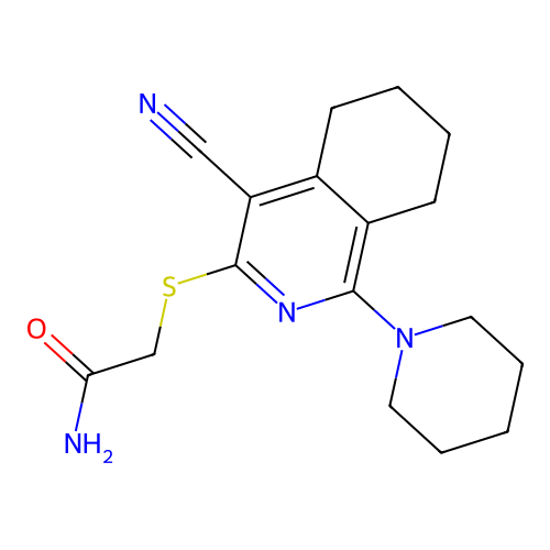 2-((4-cyano-1-(piperidin-1-yl)-5,6,7,8-tetrahydroisoquinolin-3-yl)thio)acetamide structure