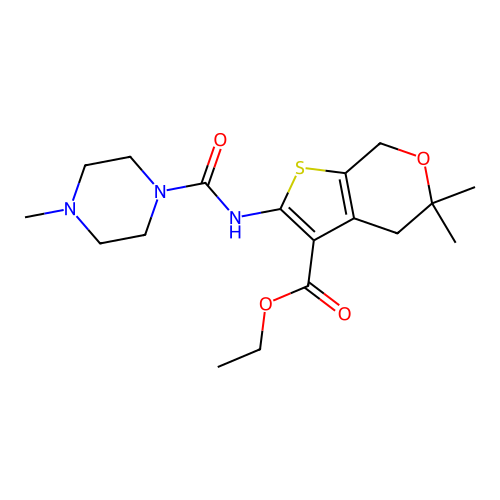 ethyl 5,5-dimethyl-2-(4-methylpiperazine-1-carboxamido)-5,7-dihydro-4H-thieno[2,3-c]pyran-3-carboxylate structure