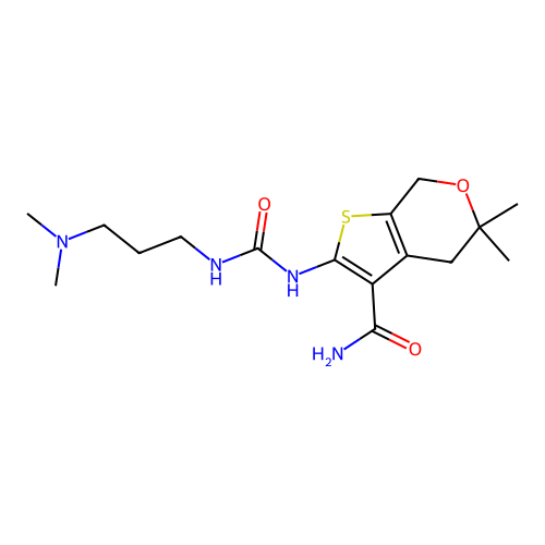 2-({[3-(dimethylamino)propyl]carbamoyl}amino)-5,5-dimethyl-4,7-dihydro-5H-thieno[2,3-c]pyran-3-carboxamide structure