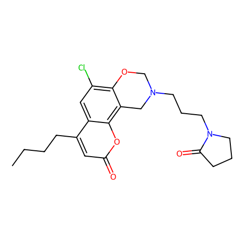 4-butyl-6-chloro-9-(3-(2-oxopyrrolidin-1-yl)propyl)-9,10-dihydrochromeno[8,7-e][1,3]oxazin-2(8H)-one structure