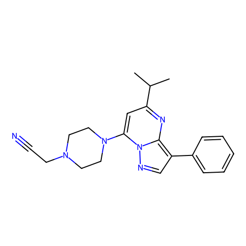 2-[4-(3-phenyl-5-propan-2-ylpyrazolo[1,5-a]pyrimidin-7-yl)piperazin-1-yl]acetonitrile structure