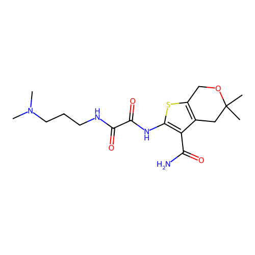 N'-(3-carbamoyl-5,5-dimethyl-4,7-dihydrothieno[2,3-c]pyran-2-yl)-N-[3-(dimethylamino)propyl]oxamide structure