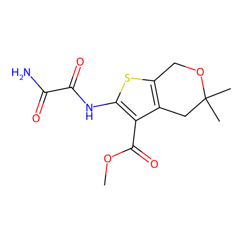 Methyl 5,5-dimethyl-2-(oxamoylamino)-4,7-dihydrothieno[2,3-c]pyran-3-carboxylate structure