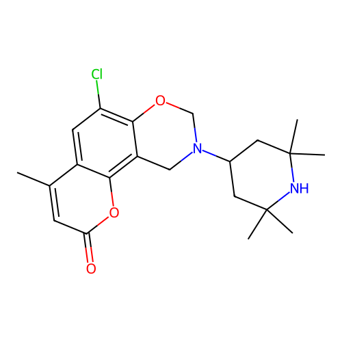 6-chloro-4-methyl-9-(2,2,6,6-tetramethylpiperidin-4-yl)-9,10-dihydrochromeno[8,7-e][1,3]oxazin-2(8H)-one structure