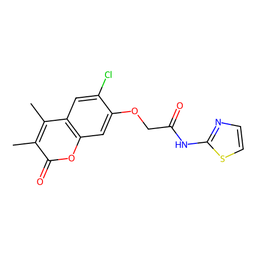 2-((6-chloro-3,4-dimethyl-2-oxo-2H-chromen-7-yl)oxy)-N-(thiazol-2-yl)acetamide structure