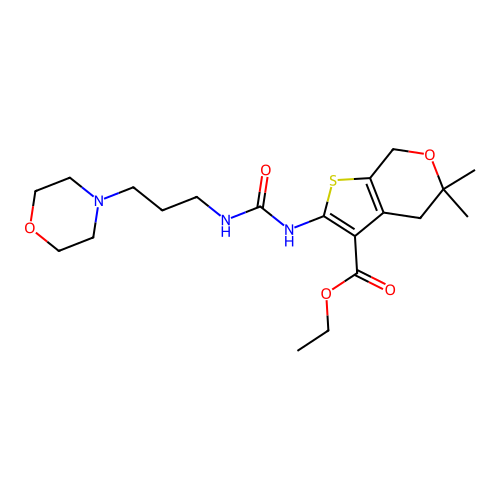 ethyl 5,5-dimethyl-2-({[3-(morpholin-4-yl)propyl]carbamoyl}amino)-4,7-dihydro-5H-thieno[2,3-c]pyran-3-carboxylate structure