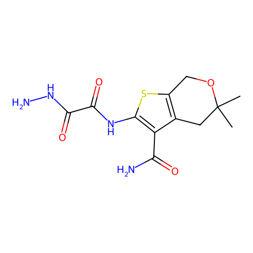 2-(2-hydrazinyl-2-oxoacetamido)-5,5-dimethyl-5,7-dihydro-4H-thieno[2,3-c]pyran-3-carboxamide structure