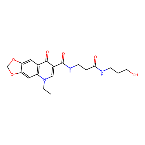 5-ethyl-N-(3-((3-hydroxypropyl)amino)-3-oxopropyl)-8-oxo-5,8-dihydro-[1,3]dioxolo[4,5-g]quinoline-7-carboxamide structure
