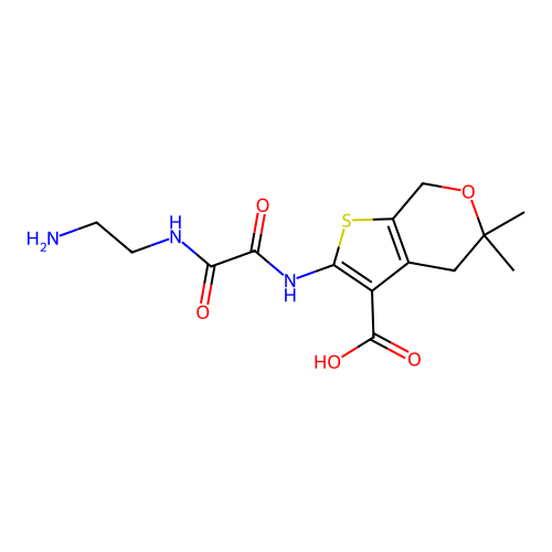 2-({[(2-aminoethyl)amino](oxo)acetyl}amino)-5,5-dimethyl-4,7-dihydro-5H-thieno[2,3-c]pyran-3-carboxylic acid structure