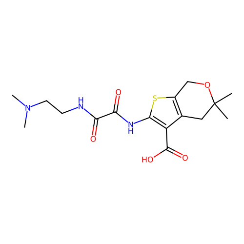 2-(2-((2-(dimethylamino)ethyl)amino)-2-oxoacetamido)-5,5-dimethyl-5,7-dihydro-4H-thieno[2,3-c]pyran-3-carboxylic acid structure