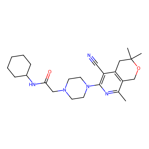 2-(4-(5-cyano-3,3,8-trimethyl-3,4-dihydro-1H-pyrano[3,4-c]pyridin-6-yl)piperazin-1-yl)-N-cyclohexylacetamide structure