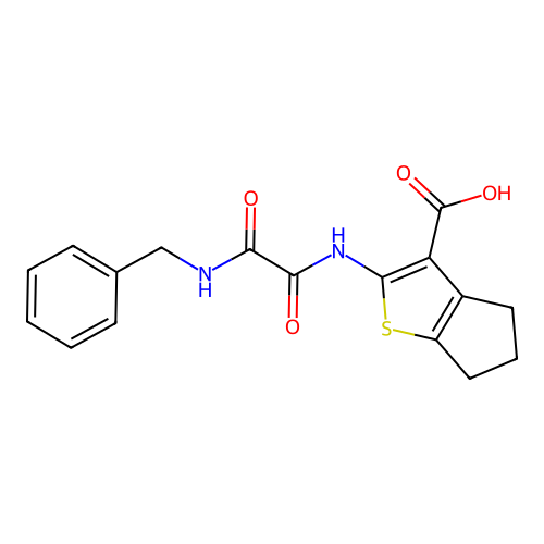 2-(2-(benzylamino)-2-oxoacetamido)-5,6-dihydro-4H-cyclopenta[b]thiophene-3-carboxylic acid structure