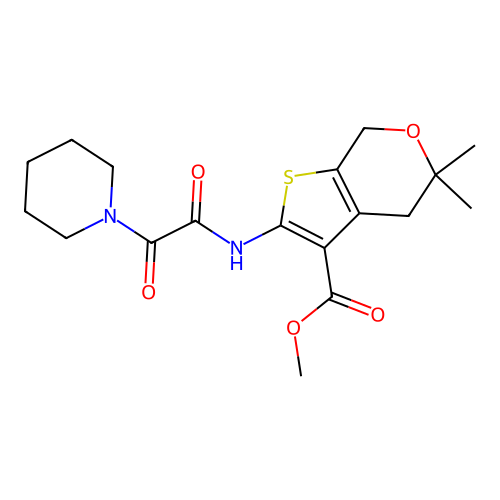 methyl 5,5-dimethyl-2-[(2-oxo-2-piperidin-1-ylacetyl)amino]-4,7-dihydrothieno[2,3-c]pyran-3-carboxylate structure