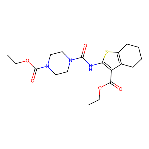 ethyl 4-((3-(ethoxycarbonyl)-4,5,6,7-tetrahydrobenzo[b]thiophen-2-yl)carbamoyl)piperazine-1-carboxylate structure