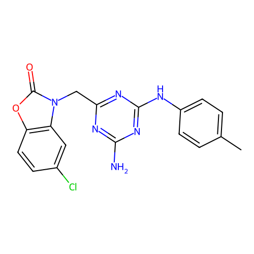 3-({4-amino-6-[(4-methylphenyl)amino]-1,3,5-triazin-2-yl}methyl)-5-chloro-1,3-benzoxazol-2(3H)-one structure