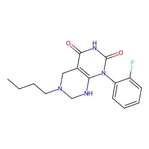 6-butyl-1-(2-fluorophenyl)-5,6,7,8-tetrahydropyrimido[4,5-d]pyrimidine-2,4(1H,3H)-dione structure