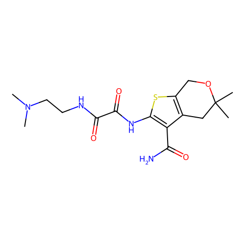 N'-(3-carbamoyl-5,5-dimethyl-4,7-dihydrothieno[2,3-c]pyran-2-yl)-N-(2-dimethylaminoethyl)oxamide structure