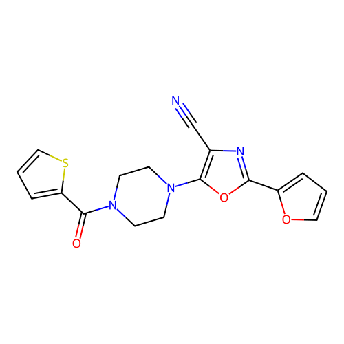 2-(furan-2-yl)-5-[4-(thiophen-2-ylcarbonyl)piperazin-1-yl]-1,3-oxazole-4-carbonitrile structure
