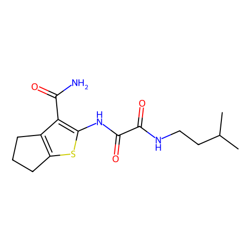 N'-(3-carbamoyl-5,6-dihydro-4H-cyclopenta[b]thiophen-2-yl)-N-(3-methylbutyl)oxamide structure